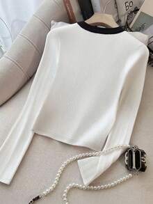Franclia Women's Elegant Contrast Color Button Long Sleeve T-Shirt - Black and White - View 2