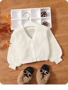 Baby Girl Long Sleeve V-Neck Button-Up Casual Fashionable Simple Cardigan,In Fall/Winter - White - View 6