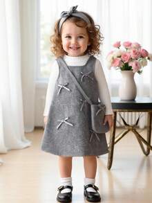 Souflis Souflis 女婴蝴蝶结灰色羊毛拉链连衣裙和罗纹针织长袖上衣，搭配可爱包包，优雅可爱的日常装扮