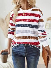 EMERY ROSE Women Crew Neck Long Sleeve Striped Casual Top Graphic Tees Women Tops For Spring Outfit - Multicolor - View 1