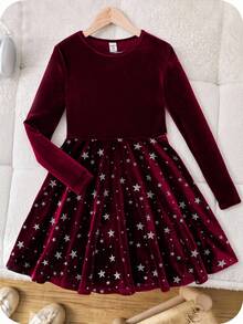 SHEIN Robe longue à manches longues rouge élégante en velours patchwork étoile en forme de ligne A pour adolescentes - Rouge - Voir 4