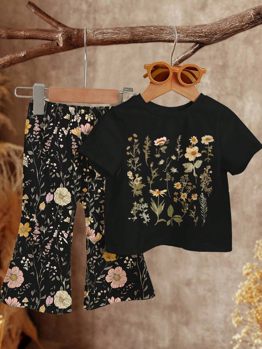 Bộ đồ cho bé gái màu đen, họa tiết hoa lá Bohemian, áo thun ngắn tay cổ tròn và quần ống loe tối giản, thích hợp cho mùa xuân và mùa thu, trang phục mùa thu, thoải mái dễ chịu, đồ nhiều lớp mùa thu cho bé gái, bé gái sành điệu, trang phục thường ngày, quần áo họa tiết cho bé gái, đi học, trang phục mùa thu, lễ hội, thích hợp cho dã ngoại ngoài trời, chụp ảnh đường phố, ở nhà, trường học. - Nhiều màu - Xem 1