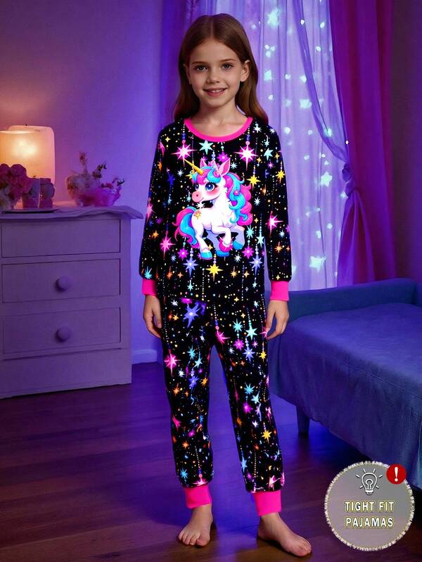 Dziewczęcy, uroczy, kolorowy, świecący zestaw piżamowy z nadrukiem jednorożca, kontrastowym kolorem, okrągłym dekoltem, dzianinowy, dopasowany, wygodny, swobodny, czarny top z długim rękawem i spodnie, dwuczęściowy strój domowy