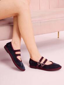CUCCOO DOLLMOD Women's Midnight Blue Elegant Velvet Classic Comfortable Velvet Parallel Double Strap Mary Jane Flat Shoes For Christmas - Dusty Blue - View 5