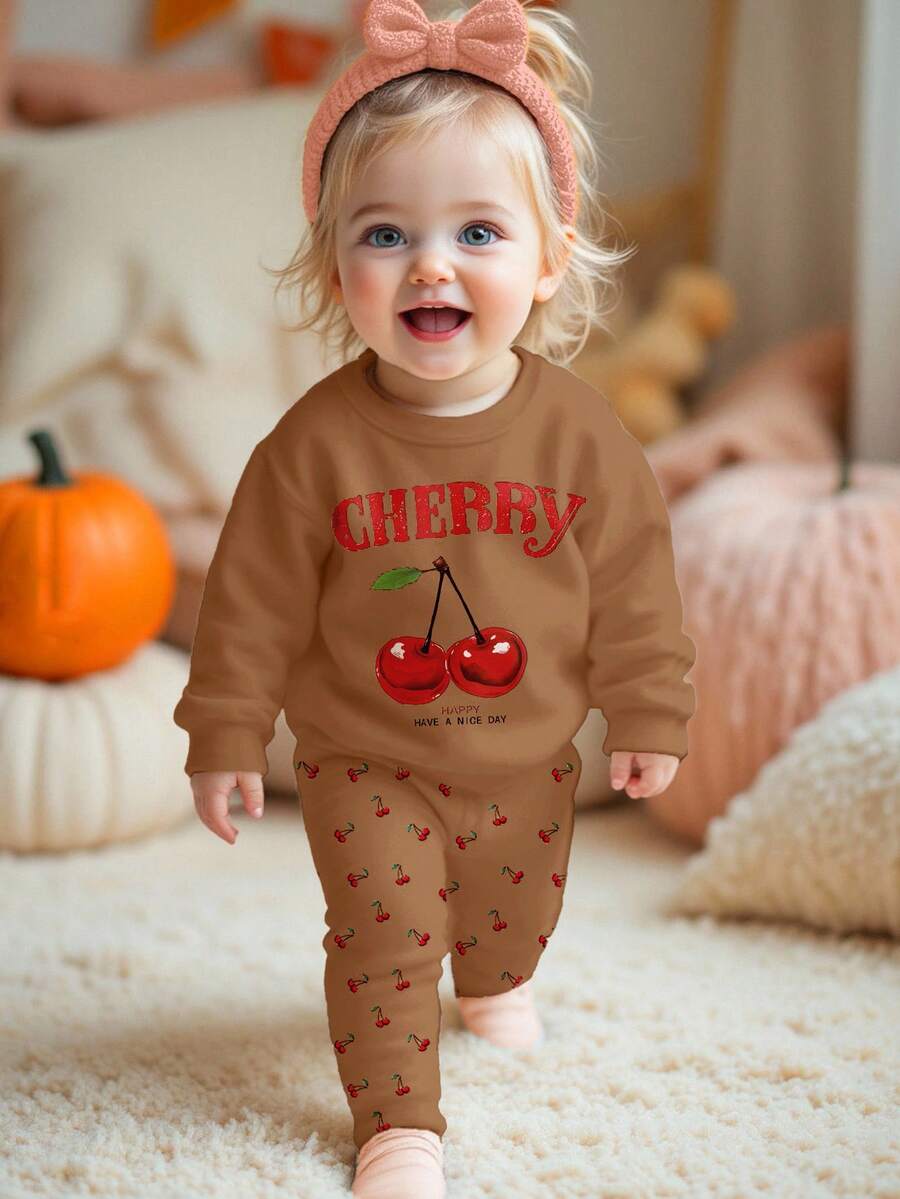 SHEIN Happikins Brown,Autumn,Cute Modest,Family Matching Baby Girl Vintage Cherry Pattern Knit Soft Thick Crew Neck Long Sleeve Sweatshirt & Leggings Set - Multicolor - View 1