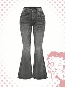 Betty Boop | ROMWE Y2K 机车风翼形印花水钻装饰喇叭牛仔裤 - 淺灰色 - 查看 8