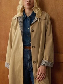 Écloséra 优雅法式复古卡其色衬衫领长袖格子撞色前开春秋女式风衣 - 卡其色 - 查看 7