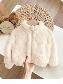 Baby Girl Casual Hooded Fluffy Long Sleeve Jacket With Heart Graphic, Versatile Streetwear,In Fall/Winter