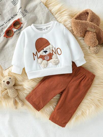 男婴休闲可爱熊刺绣卫衣和灯芯绒裤子套装