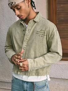 AXEPEAK Men's Casual Washed Distressed Denim Long Sleeve Jacket, Fall - Army Green - View 1