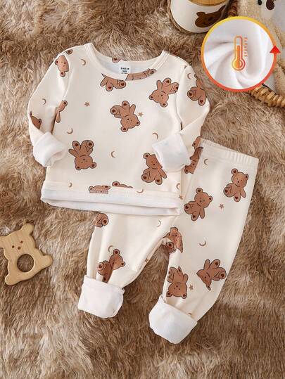 2pcs Toddler Boys' Cute Bear & Cookie Print Knitted Fleece Crew Neck Long Sleeve Top And Leggings Pajama Set, Thick Winter Snug Fit Tight Fit Pajamas Fall