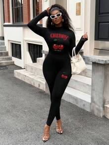 Slaydiva Bộ đồ thể thao bó sát 2 món họa tiết quả anh đào phong cách đường phố thường ngày cho nữ cỡ lớn, phù hợp với phong cách đường phố và hip hop - màu đen - Xem 7