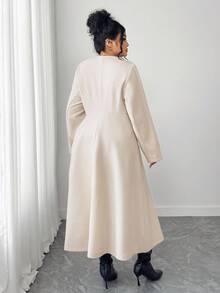 Elenzga Plus Size Elegant V-Neck Fitted Solid Color Flared Hem Overcoat - Apricot - View 2