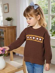 Back-To-School Young Girls Thick Round Neck Cable Knit Sweater,Oversized Loose Fit Vintage Embroidered Patch Casual Wear For School Autumn Fall Winter - Brown - View 1