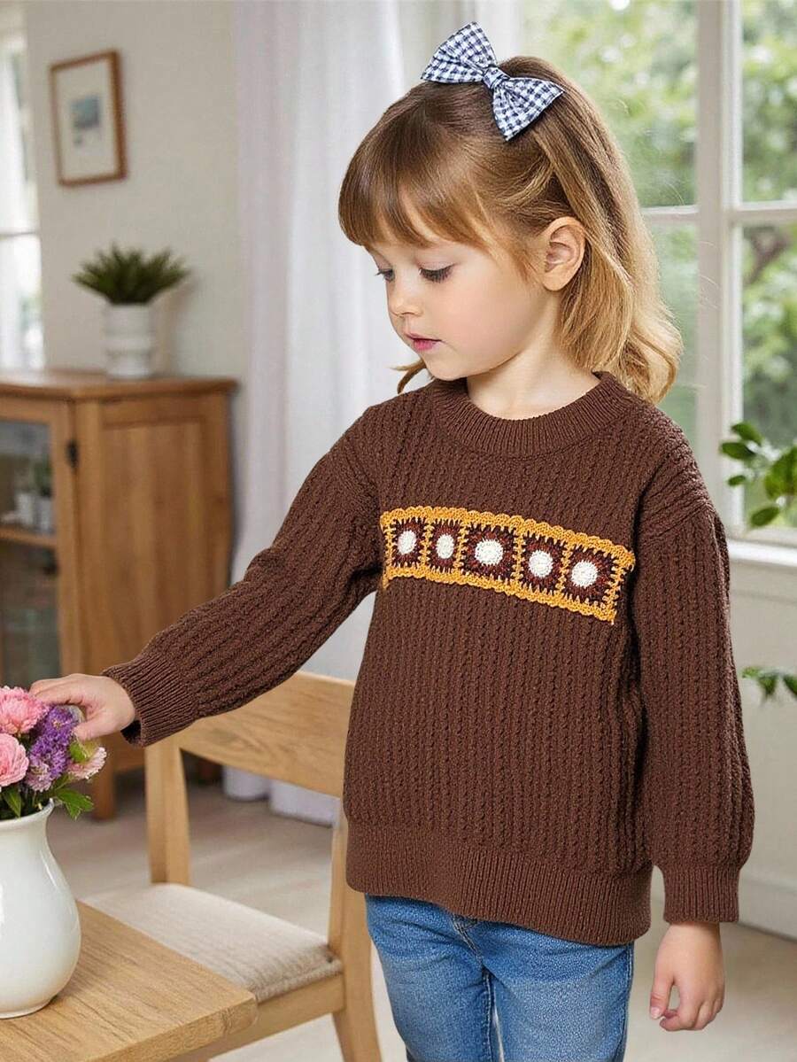 Back-To-School Young Girls Thick Round Neck Cable Knit Sweater,Oversized Loose Fit Vintage Embroidered Patch Casual Wear For School Autumn Fall Winter - Brown - View 1