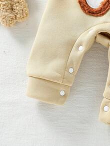 SHEIN Playful Pals 2件裝嬰兒男寶寶可愛秋季米色泰迪熊刺繡連身褲 & 條紋3D絨毛耳連帽外套套裝 適合家庭搭配嬰兒衣物吊帶褲 - 彩色 - 查看 9