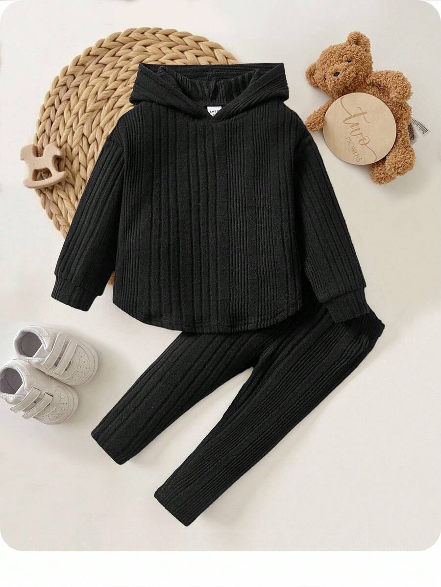 SHEIN Baby Girl Ribbed Knit Hooded Sweatshirt & Leggings - Black - View 1