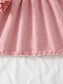 女童粉色针织毛衣裙，甜美花朵荷叶边下摆公主风幼儿针织连衣裙，秋冬