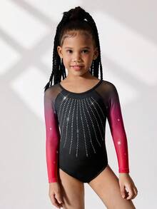 4-Way Stretch High Stretch Young Girls Activewear Bodysuit, Gradient Mesh Long Sleeve Gymnastics Leotard With Rhinestone Decor, Suitable For Fitness, Outdoor Sports, Dance, Yoga, Gymnastics Fall Winter - Multicolor - View 3