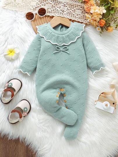 1 件婴儿连体衣，荷叶边领长袖，3D 蝴蝶结装饰，时尚可爱休闲装，适合新生儿