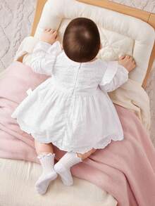 SHEIN 新生兒女寶寶休閒可愛刺繡波邊長袖連衣裙 - 白色 - 查看 2