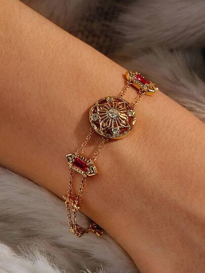 Glisma 18K镀金复古红色双层镂空手链，小众复古高端手链，适合派对、夜店、购物等场合，复古风格，高级品质，锆石，水钻，十字架，西部风情珠宝，老钱风格，哥特风，宝石，秋冬款，送给妈妈/女士/女孩/母亲的礼物，高级品质