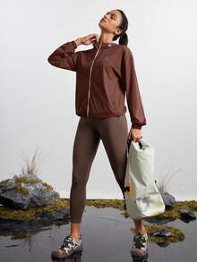 In My Nature Women's Solid Color Drop Shoulder Hooded Casual Zip-Up Drawstring Versatile Outdoor Jacket - Burgundy - View 8