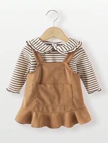 SHEIN Vintaside Kids 女宝宝时尚简约棕色纯色灯芯绒口袋荷叶边纽扣吊带连衣裙和条纹彼得潘领长袖上衣，适合春季、秋季日常穿着，必备单品