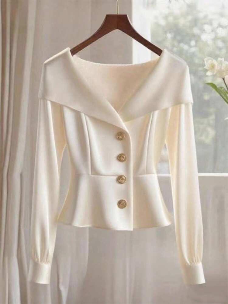 SHEIN Franclia Blusa de mujer de manga larga, de unicolor, elegante y estilizadora, versátil, de otoño - Beis - Añade 1
