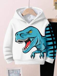 SHEIN 2 件套男童宽松休闲卡通动物、恐龙、风景、3D、涂鸦超大图案连帽卫衣套装，舒适秋冬 - 彩色 - 查看 4