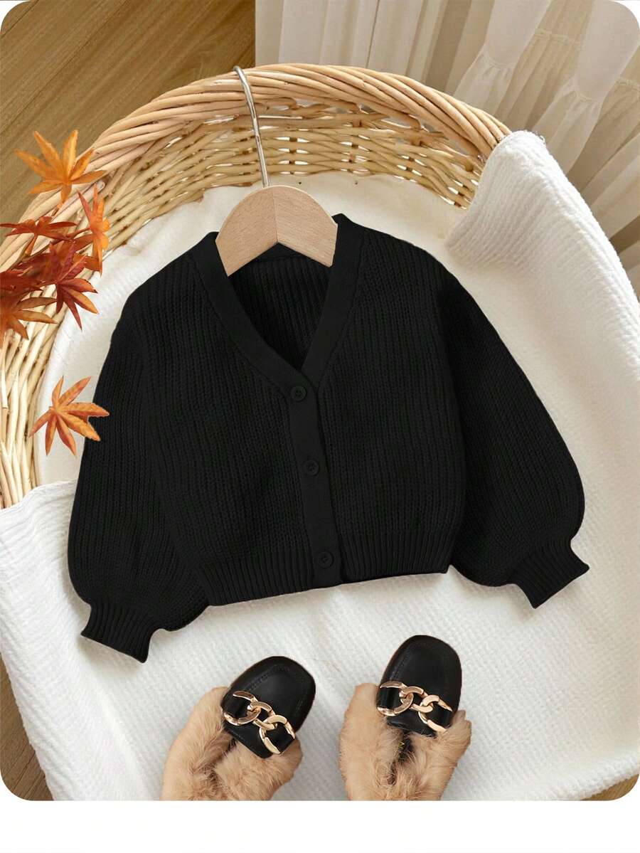 SHEIN Baby Girls' Cardigan With V-Neck And Cute Designs On It, Long Sleeves,In Fall/Winter