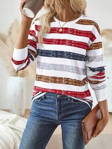 EMERY ROSE Women Crew Neck Long Sleeve Striped Casual Top Graphic Tees Women Tops For Spring Outfit - Multicolor - View 4