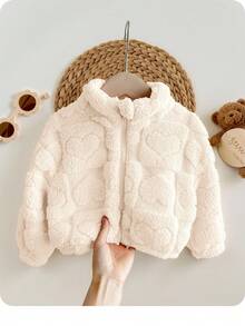 Baby Girl Casual Hooded Fluffy Long Sleeve Jacket With Heart Graphic, Versatile Streetwear,In Fall/Winter