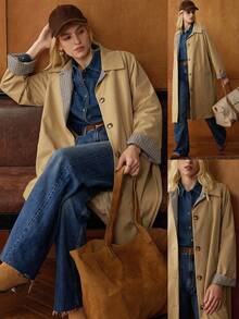Écloséra 优雅法式复古卡其色衬衫领长袖格子撞色前开春秋女式风衣 - 卡其色 - 查看 1