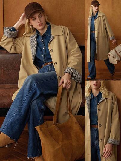 Écloséra Elegant French Retro Khaki Shirt Collar Long Sleeve Multicolor Plaid Contrast Color Open Placket Spring And Autumn Women's Windbreaker Jacket Women's Coat Women's Autumn Clothing