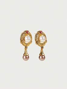 Glisma 18K Gold-Plated Vintage Exaggerated Elegant Pearl Earrings,Party,Night Club,Shopping,Vintage,PREMIUM,Zirconia,Rhinstone,Western Jewelry,Old Money,Gemstone,Outfits,Fall/Autumn/Winter,For Mom/Women/Girl/Mother,Premium