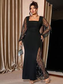 Cravure Plus Size Women's Square Neck Sparkly Sequin Mesh Patchwork Dress, Elegant Party Wear With Side Slit, Long Sleeve, Autumn/Winter - Black - View 4