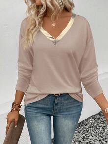 EMERY ROSE Women's Casual V-Neck Contrast Gold PU Faux Leather Trim Long Sleeve T-Shirt