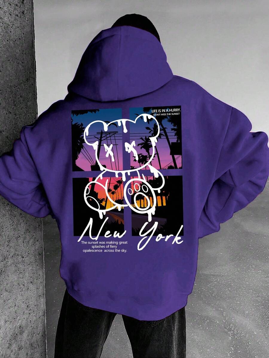 Manfinity Homme Lässiger Herren Hoodie mit Slogan & Cartoon Grafik Tasche, Kordelzug, Street Wear New York, Y2K Street Wear, Herbst