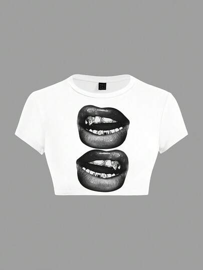 SHEIN ICON ICON Casual Simple Black Lip Print Round Neck Short Sleeve Cropped Tight Fit T-Shirt For Women, Summer Back To School Clothes