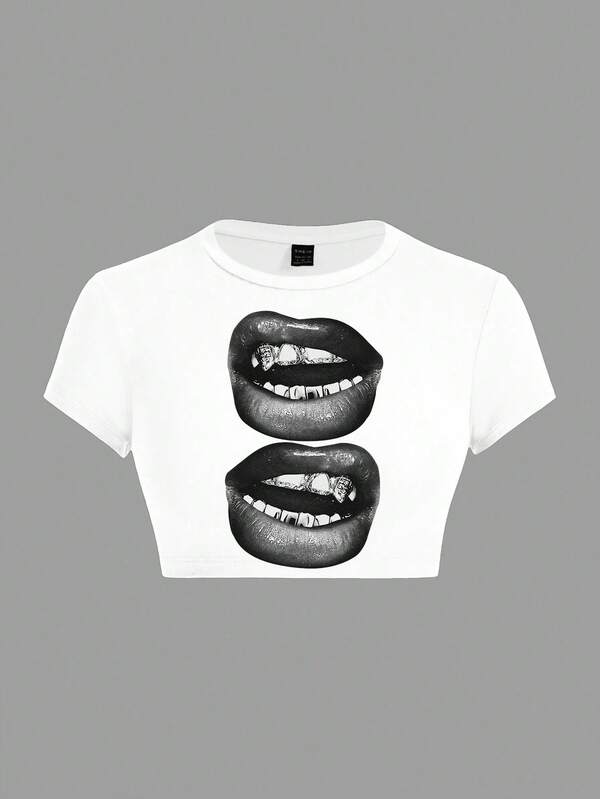 SHEIN ICON ICON Casual Simple Black Lip Print Round Neck Short Sleeve Cropped Tight Fit T-Shirt For Women, Summer Back To School Clothes