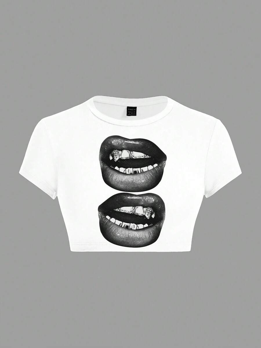 SHEIN ICON Áo thun ICON cổ tròn tay ngắn ôm sát in hình môi đen đơn giản dành cho nữ, quần áo mùa hè trở lại trường - trắng - Xem 1