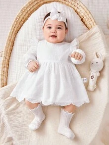 SHEIN 新生兒女寶寶休閒可愛刺繡波邊長袖連衣裙 - 白色 - 查看 3