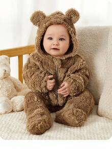 SHEIN Newborn Baby Boy/Girl Cute Cartoon Print Fleece Hooded Footie Jumpsuit Suitable For Autumn & Winter, Indoor & Outdoor