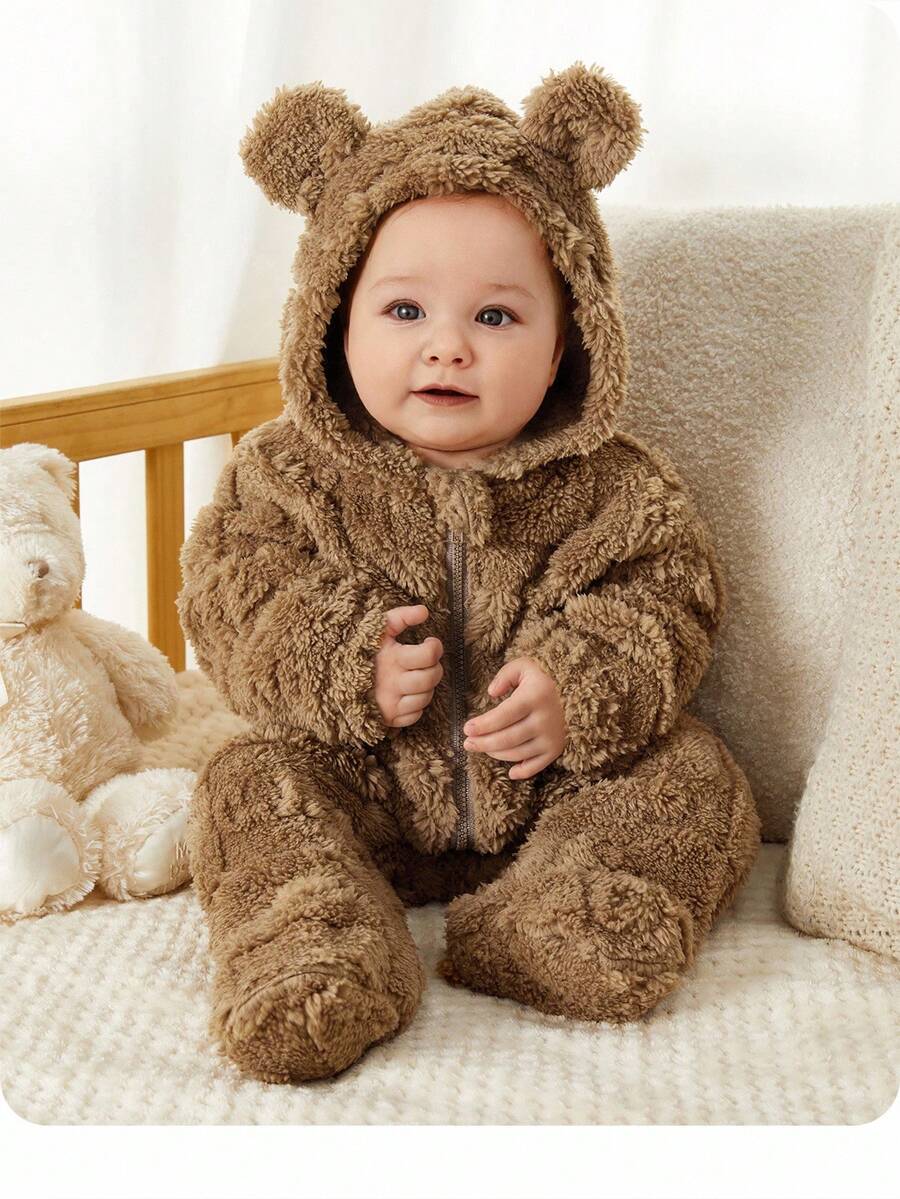 SHEIN 新生儿男女宝宝可爱卡通印花抓绒连帽连体衣，适合秋冬季节，室内外均可穿着