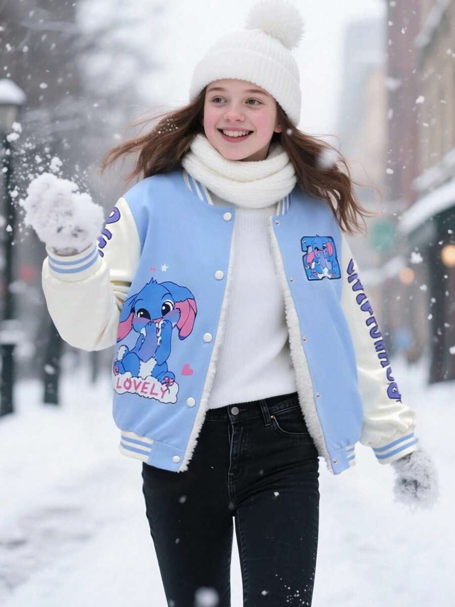 SHEIN 女童保暖内衬夹克,蓝白拼接,休闲卡通字母图案棒球服,适合学校、日常穿着 - 藍色 - 查看 1