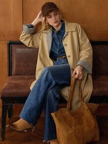 Écloséra 优雅法式复古卡其色衬衫领长袖格子撞色前开春秋女式风衣 - 卡其色 - 查看 5