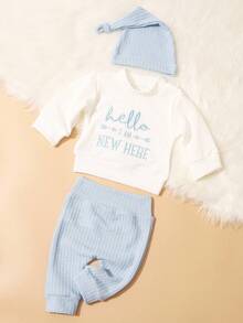 SHEIN HELLO Letter Embroidered Newborn Photography Outfit, Baby Boys/Girls Top, Pants, Hat 3pcs Set, Infant 1 Month To 100 Days Studio Photo Prop Clothing Fall Winter