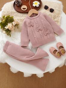 2 sztuki/zestaw: śliczny różowy sweterek dla małych dziewczynek | Sweter z okrągłym dekoltem i długim rękawem + modne spodnie dzwony z ozdobną kokardką 3D - Różowy - Zobacz 6