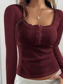 Almamuse ChicEase 女式甜美蕾丝边长袖 T 恤，修身款三扣休闲白色 T 恤上衣夏季 - 酒紅色 - 查看 1